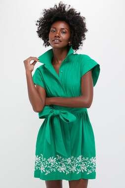 TUCKERNUCK Garden Green Embroidered Cotton Linen Mini Callie Dress Size S NWT